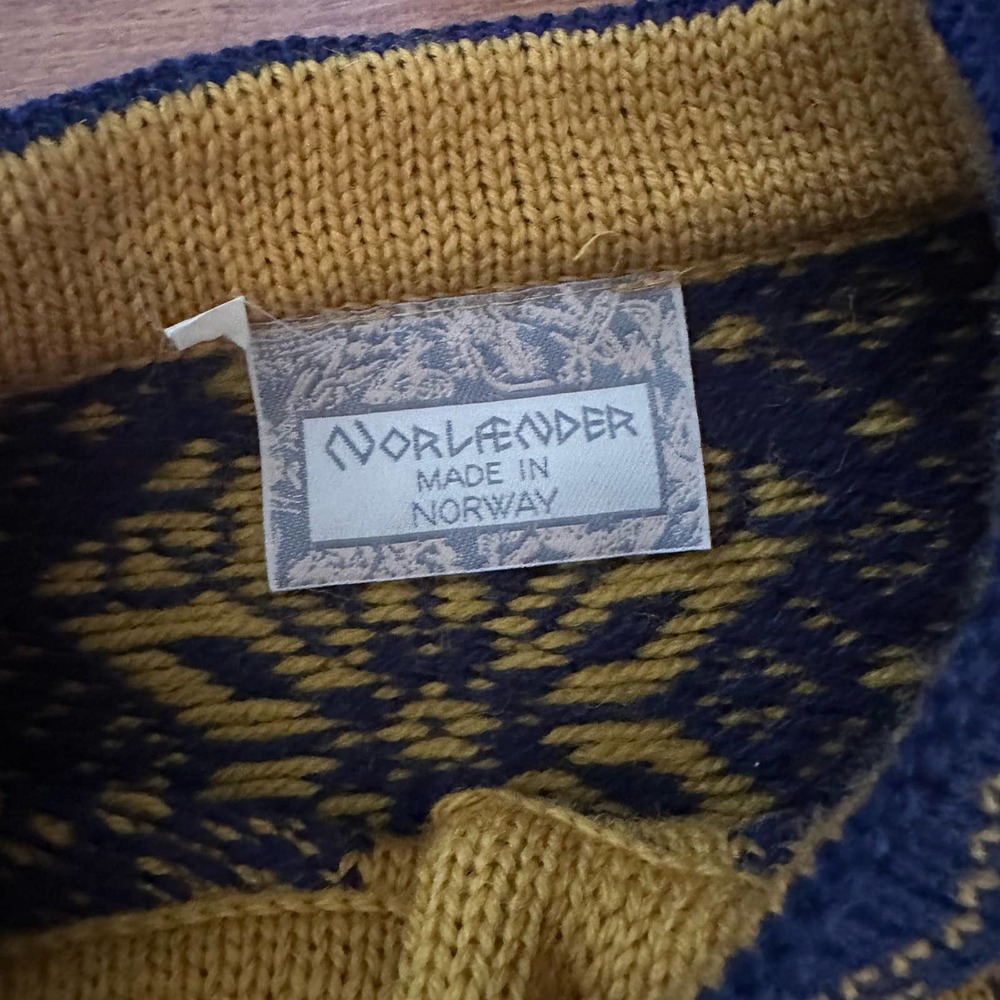 Vintage 70s/80s Norleander Blue Yellow Fair Isle Wool Cardigan size XL - Picture 3 of 5